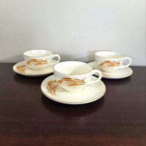 Homer Laughlin Vintage Golden Wheat Tea Cup & Saucer 22K Gold Trim 3 Sets Used